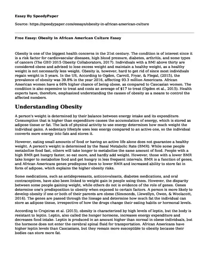 Free Essay: Obesity in African American Culture