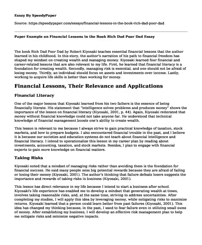 Paper Example on Financial Lessons in the Book Rich Dad Poor Dad