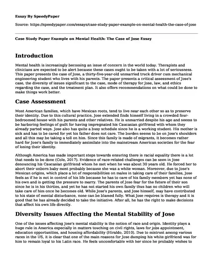 Case Study Paper Example on Mental Health: The Case of Jose