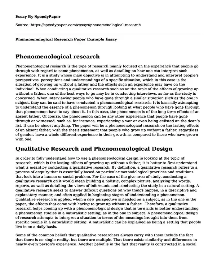 Phenomenological Research Paper Example