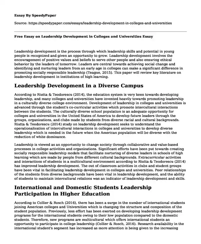Free Essay on Leadership Development in Colleges and Universities