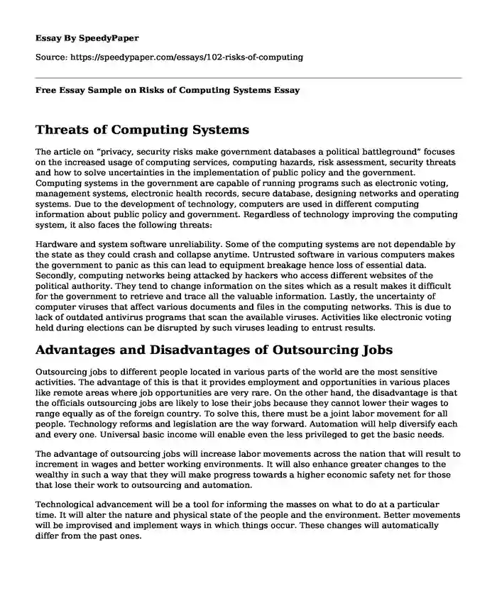 Free Essay Sample on Risks of Computing Systems