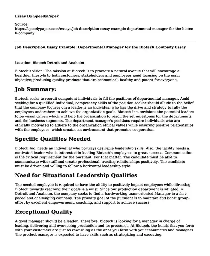 Job Description Essay Example: Departmental Manager for the Biotech Company