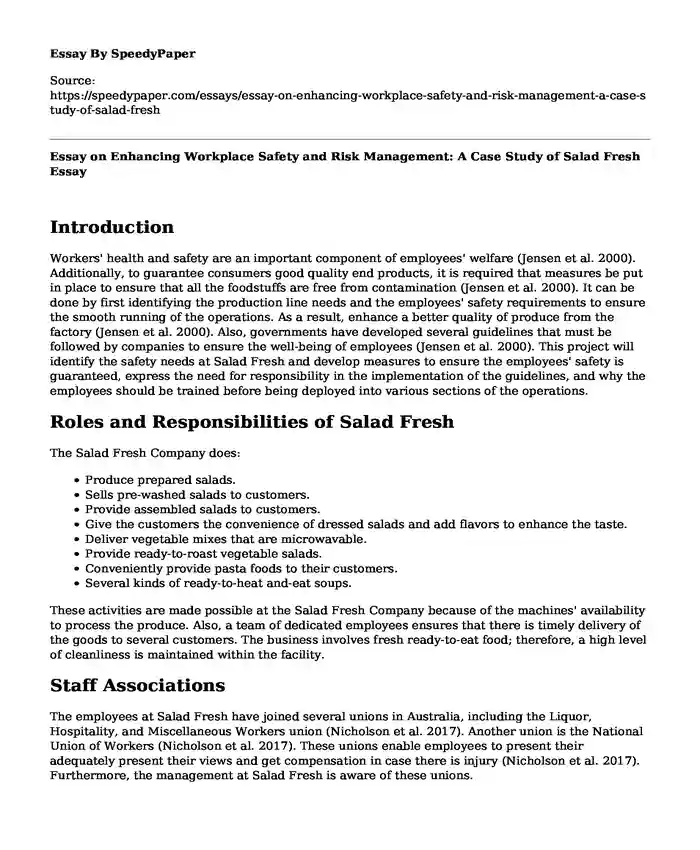 Essay on Enhancing Workplace Safety and Risk Management: A Case Study of Salad Fresh