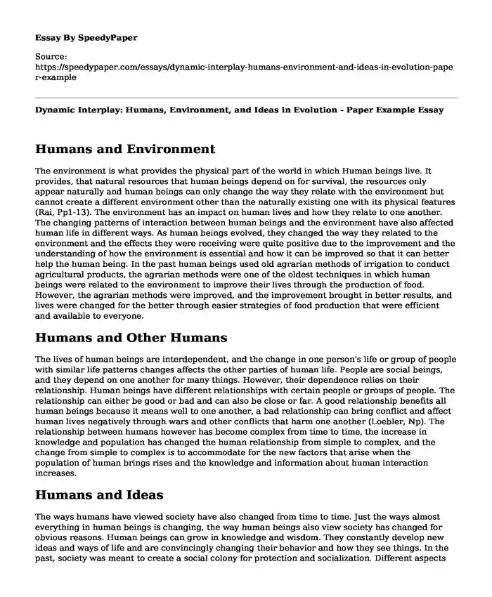 Dynamic Interplay: Humans, Environment, and Ideas in Evolution - Paper Example