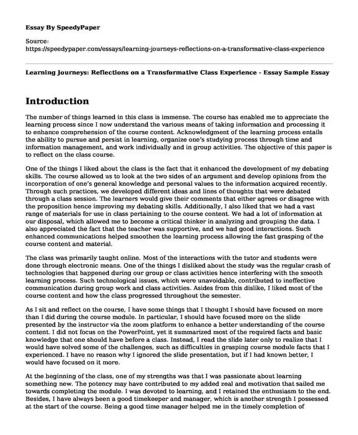 Learning Journeys: Reflections on a Transformative Class Experience - Essay Sample