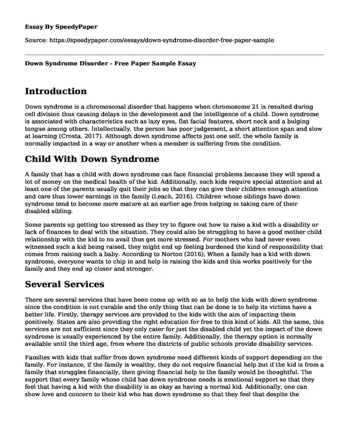 Down Syndrome Disorder - Free Paper Sample