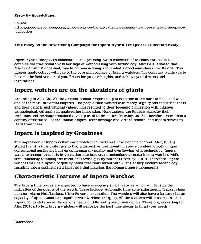 Free Essay on the Advertising Campaign for Inpera Hybrid Timepieces Collection