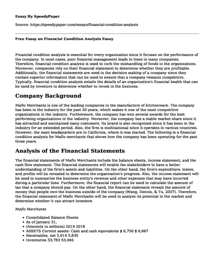 Free Essay on Financial Condition Analysis
