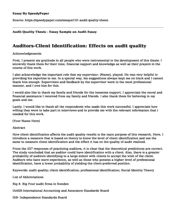 Audit Quality Thesis - Essay Sample on Audit
