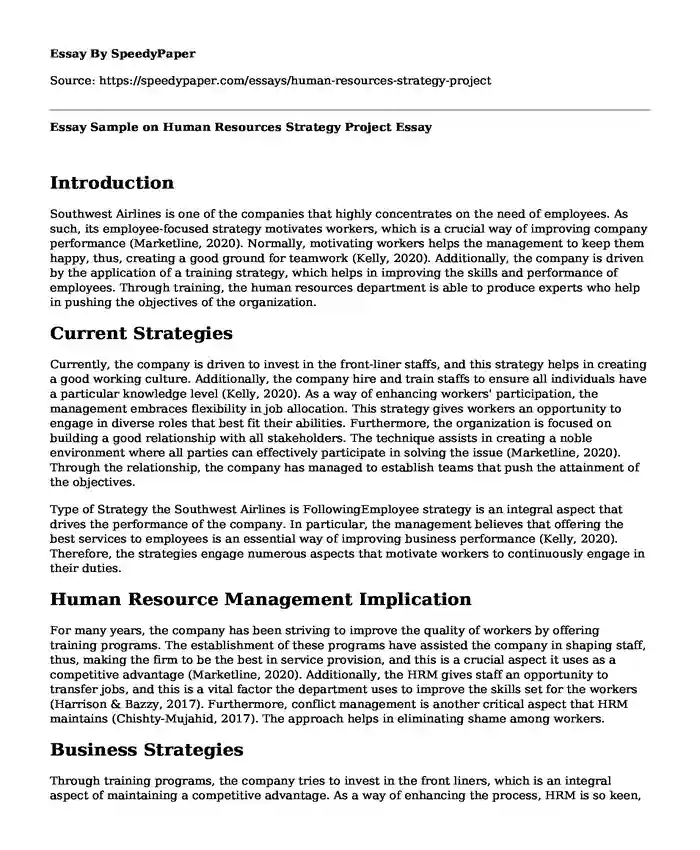 Essay Sample on Human Resources Strategy Project