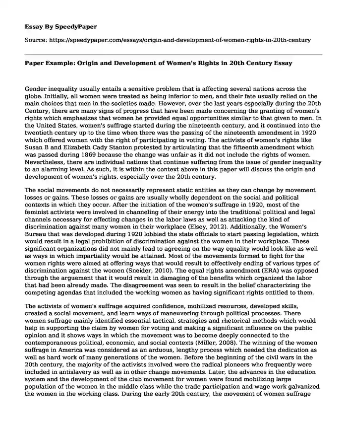 Paper Example: Origin and Development of Women's Rights in 20th Century