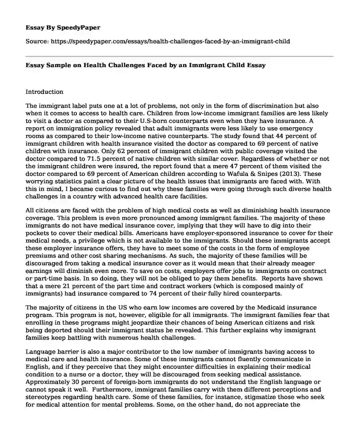 Essay Sample on Health Challenges Faced by an Immigrant Child