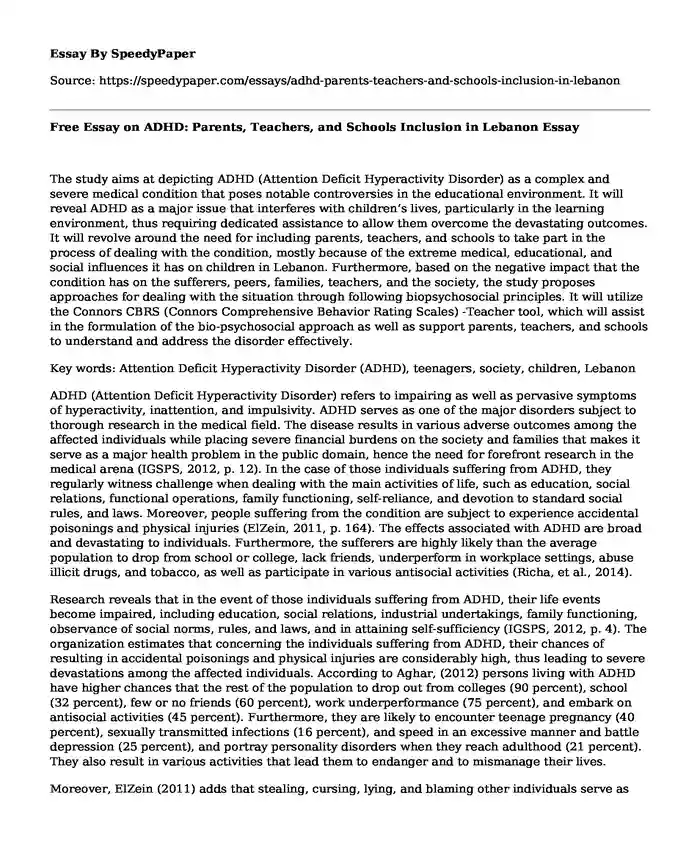 Free Essay on ADHD: Parents, Teachers, and Schools Inclusion in Lebanon