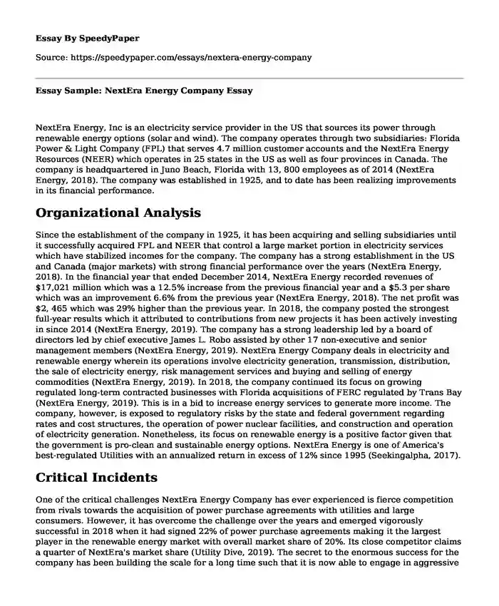 Essay Sample: NextEra Energy Company