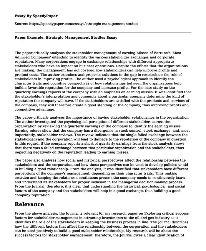 Paper Example. Strategic Management Studies