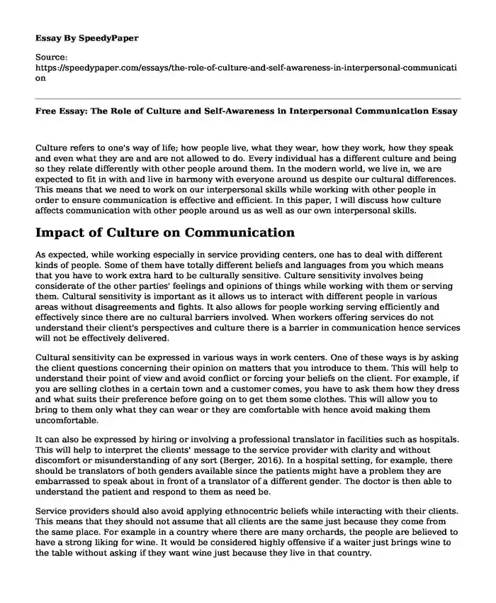Free Essay: The Role of Culture and Self-Awareness in Interpersonal Communication