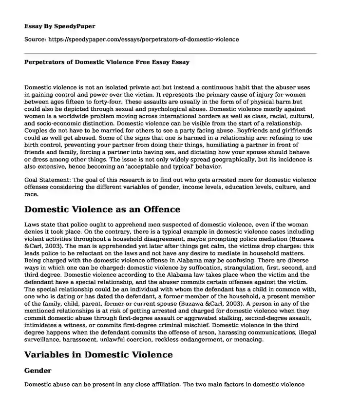 Perpetrators of Domestic Violence Free Essay