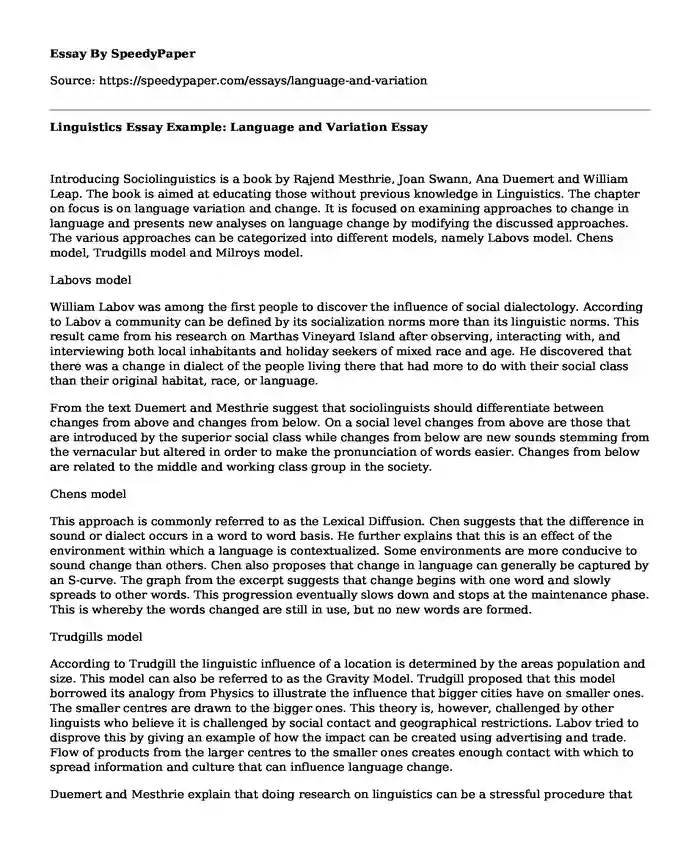 Linguistics Essay Example: Language and Variation