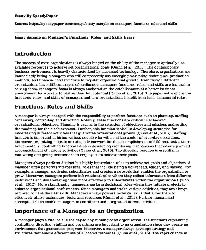 Essay Sample on Manager's Functions, Roles, and Skills