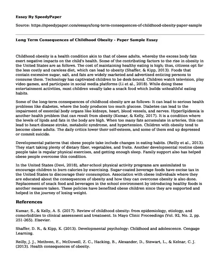 Long Term Consequences of Childhood Obesity - Paper Sample