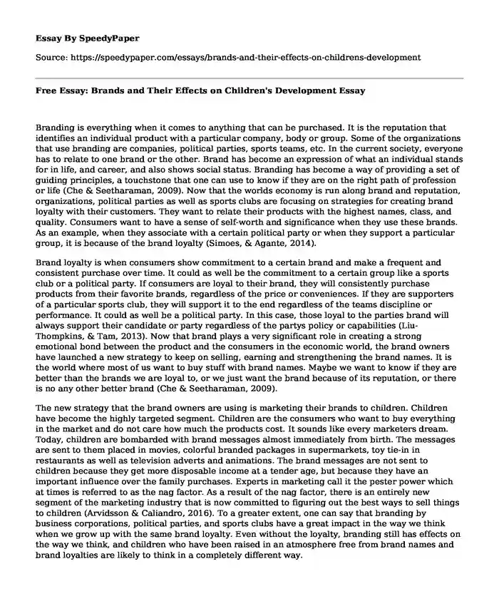 Free Essay: Brands and Their Effects on Children's Development