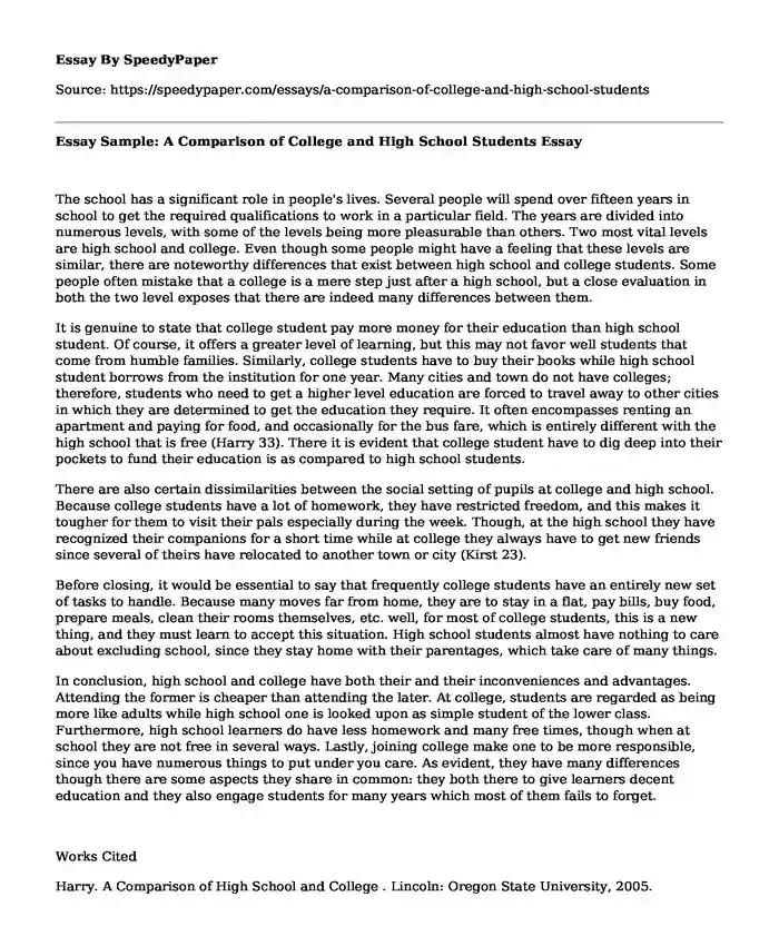 compare and contrast high school vs college essay