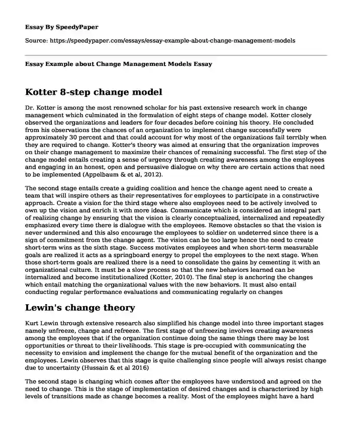 Essay Example about Change Management Models