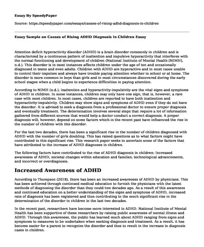 Essay Sample on Causes of Rising ADHD Diagnosis in Children