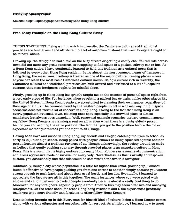 Free Essay Example on the Hong Kong Culture