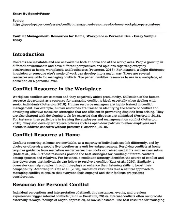Conflict Management: Resources for Home, Workplace & Personal Use - Essay Sample