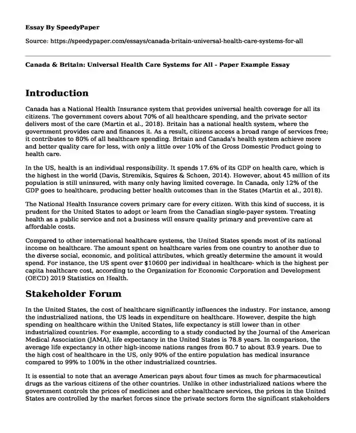 Canada & Britain: Universal Health Care Systems for All - Paper Example