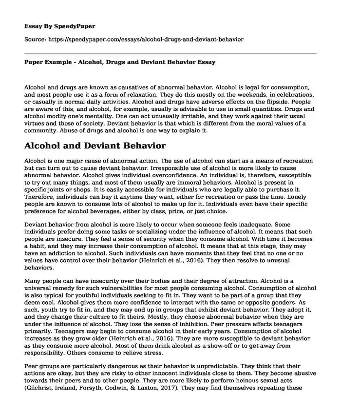 Paper Example - Alcohol, Drugs and Deviant Behavior