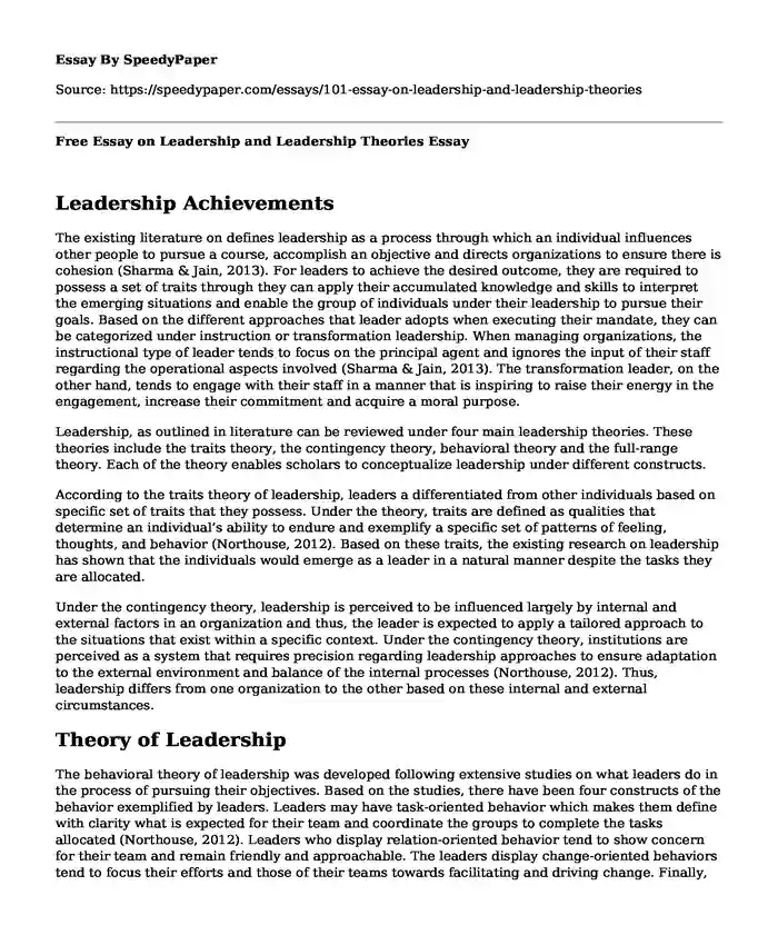Free Essay on Leadership and Leadership Theories