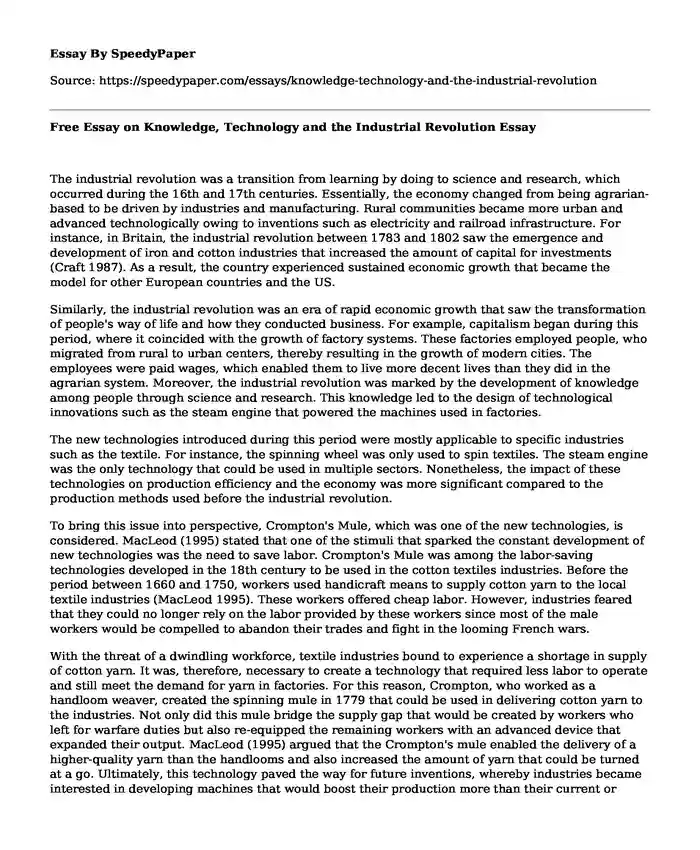 Free Essay on Knowledge, Technology and the Industrial Revolution