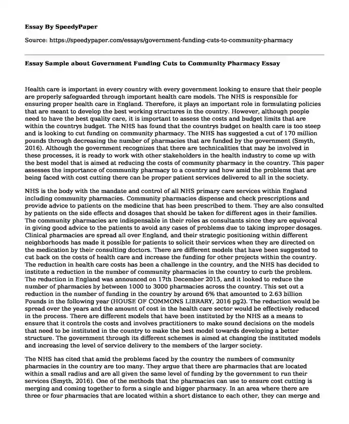 Essay Sample about Government Funding Cuts to Community Pharmacy