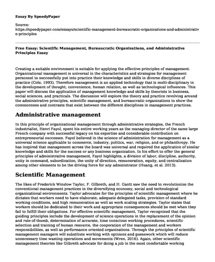 Free Essay: Scientific Management, Bureaucratic Organizations, and Administrative Principles
