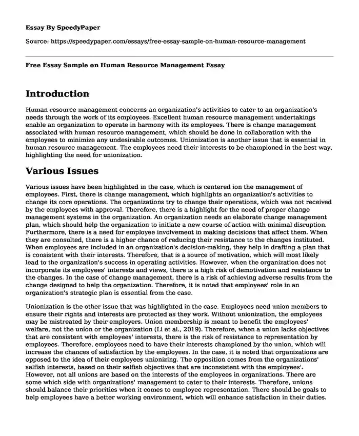 Free Essay Sample on Human Resource Management