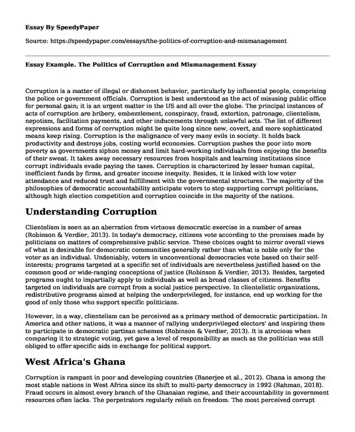 Essay Example. The Politics of Corruption and Mismanagement