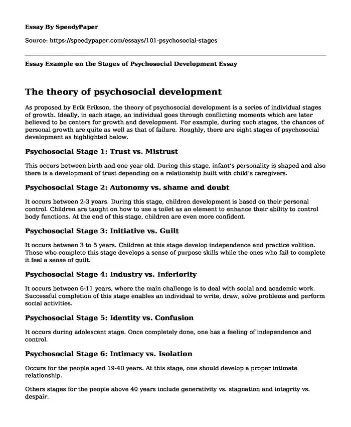 Essay Example on the Stages of Psychosocial Development