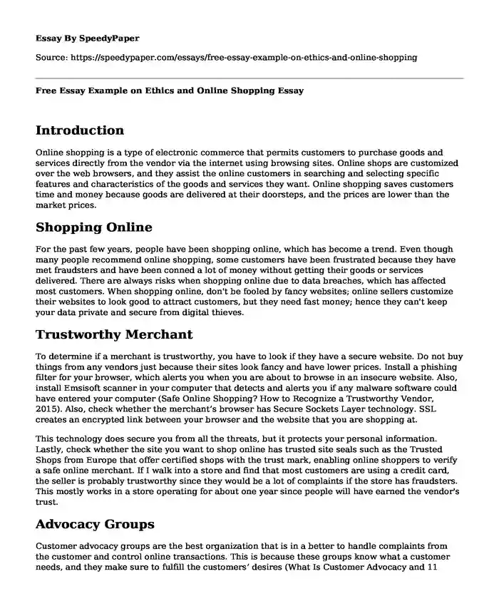 Free Essay Example on Ethics and Online Shopping