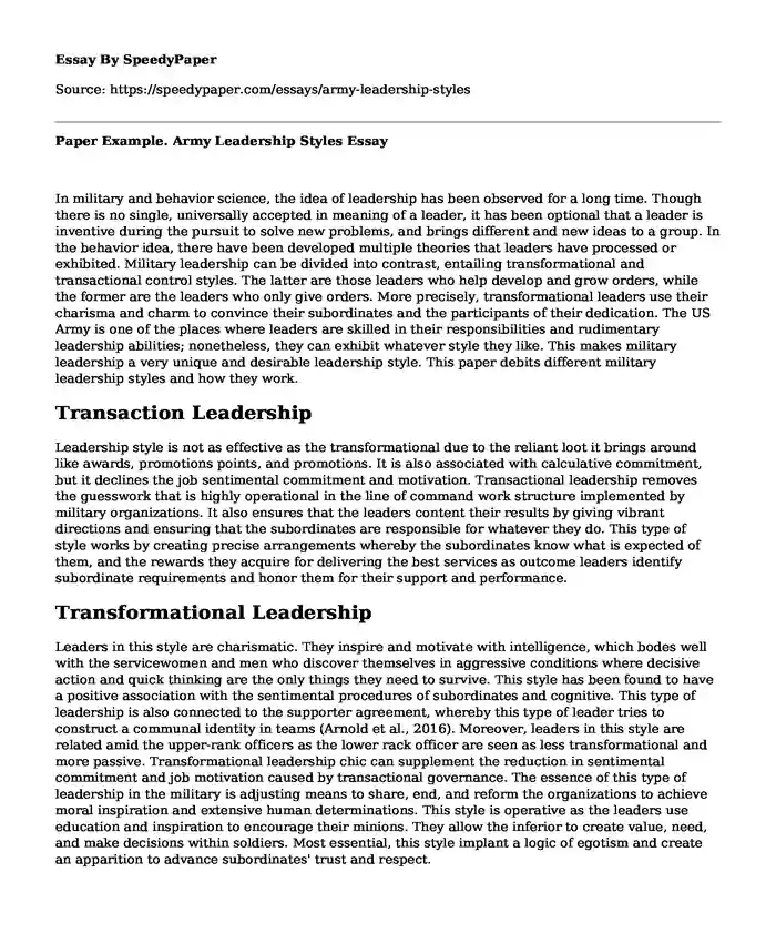 Paper Example. Army Leadership Styles