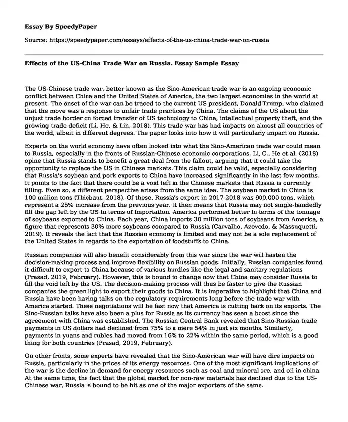 Effects of the US-China Trade War on Russia. Essay Sample