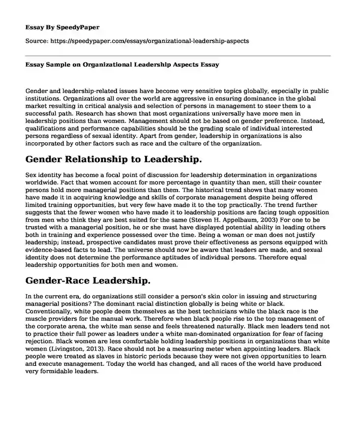 Essay Sample on Organizational Leadership Aspects