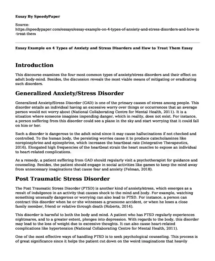 Essay Example on 4 Types of Anxiety and Stress Disorders and How to Treat Them