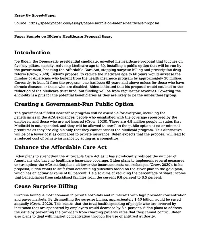 Paper Sample on Biden's Healthcare Proposal