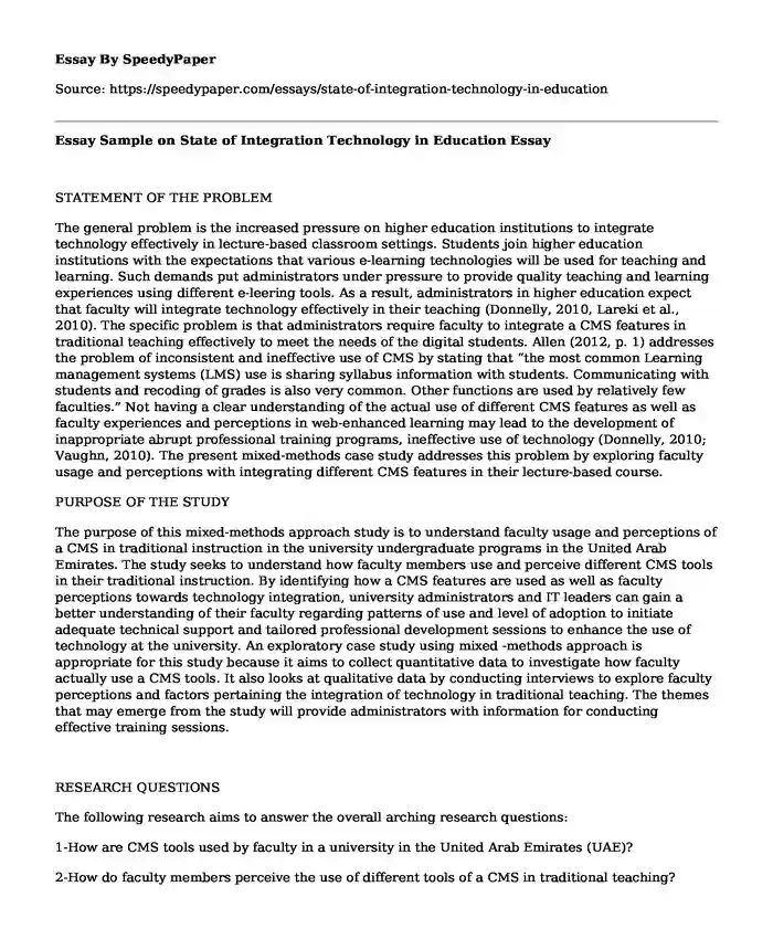 Essay Sample on State of Integration Technology in Education