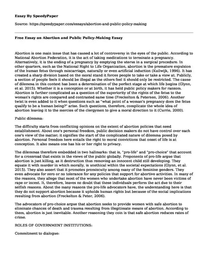 Free Essay on Abortion and Public Policy-Making