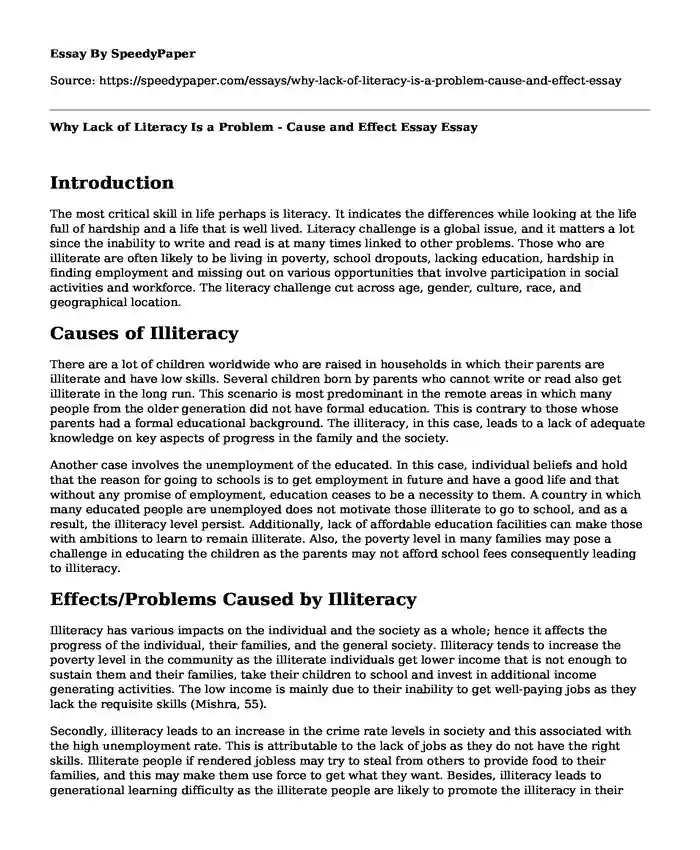 Why Lack of Literacy Is a Problem - Cause and Effect Essay