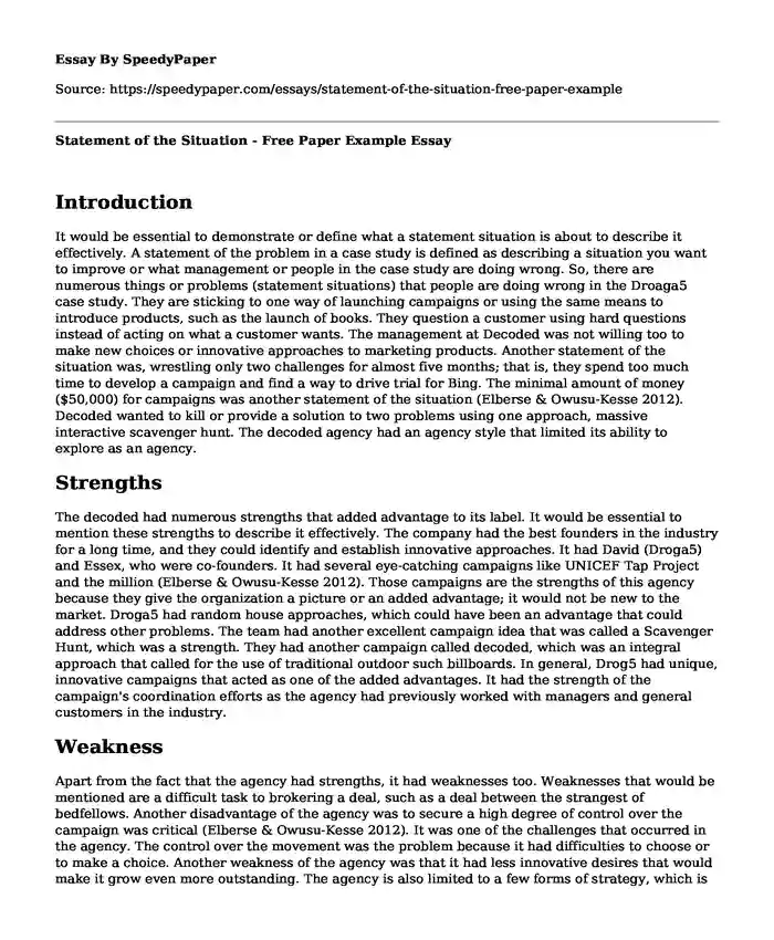 Statement of the Situation - Free Paper Example